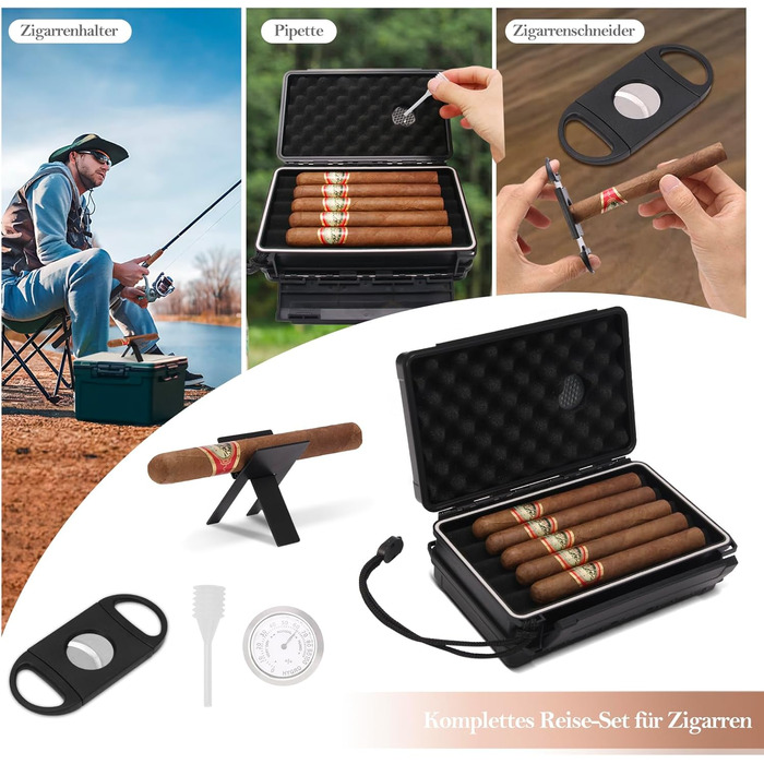 Портативний вологозберегаючий футляр для сигар на 5 сигар (50RG) з ножем, підставкою, гігрометром та зволожувачем, подарунковий набір для поціновувачів сигар (Чорний)