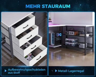 Кутовий стіл ODK з 4 шухлядами, місцем для зберігання, 2 розетками та 2 USB-портами для зарядки, з підсвічуванням LED та підставкою для монітора, 167×102 см, білий