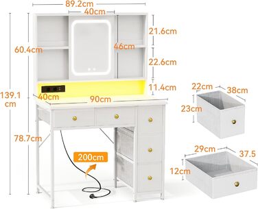 Дзеркальний туалетний столик ODK з регульованим LED-дзеркалом, USB-роз'ємами та RGB-підсвіткою, 5 висувними ящиками та 3 полицями, білий, 90×40×139 см