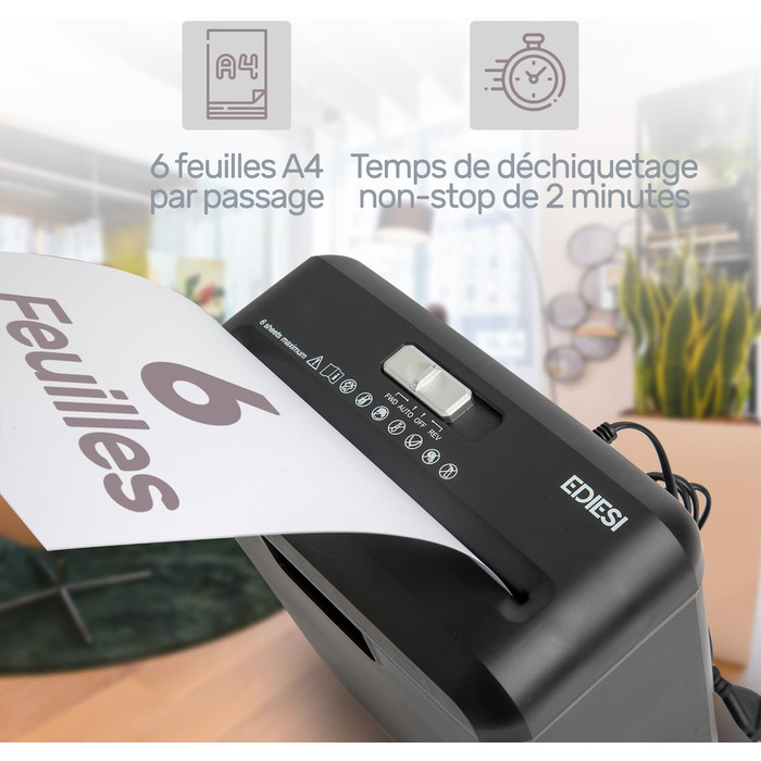 Шредер для дому та офісу Ediesi: знищення до 6 аркушів, для кредитних карт, CD та DVD, 10 літрів