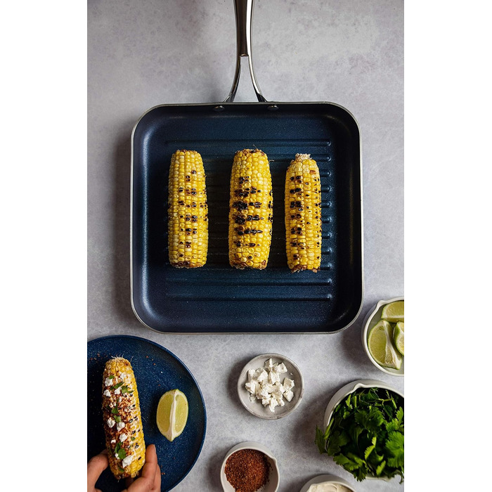 Сковорода-гриль Granitestone Blue з антипригарним покриттям, 26.7 см, з алмазною інфузією, канавки для зливу жиру, не нагрівається, ручка з нержавіючої сталі, придатна для духовки та мийки, 100% PFOA-free