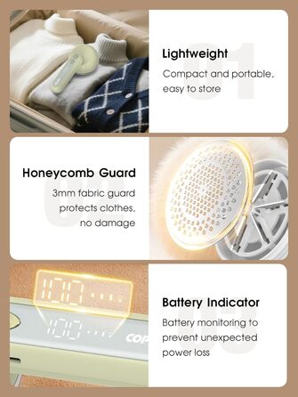 Електричний триммер для одягу COPPA, 6 лез, 3 швидкості, перезаряджається, з індикатором заряду, для пуловерів та одягу, білий (зелений)