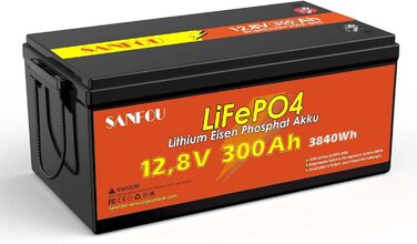 Акумулятор SANFOU 12V 100Ah LiFePO4, літієва батарея 1280 Втгод з BMS 100 А, автомобільні акумулятори 5000-15000 разів, підтримка 4S4P, ідеально підходить як джерело живлення для кемпінгу на автофургонах (12V300Ah)