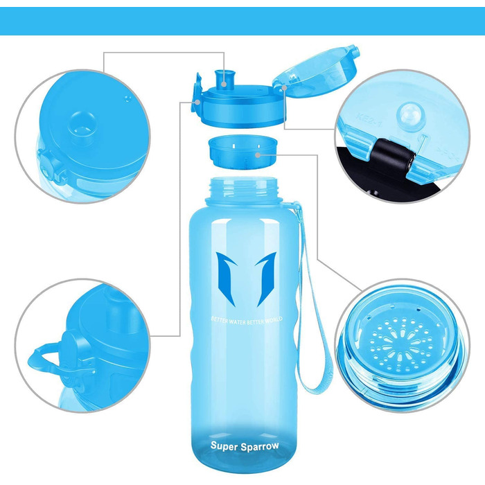 Пляшка для пиття Super Sparrow-пляшка для води об'ємом 1,5 л, герметична-спортивна пляшка без бісфенолу А / Школа, спорт, вода, велосипед (1-прозоро-синій)