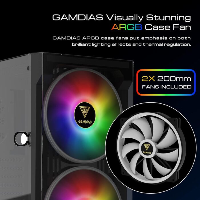 Ігровий корпус GAMDIAS Apollo E2 Elite, Mid-Tower ATX, загартоване скло, 3x 200 мм ARGB вентилятори, безінструментальна установка, підтримка плат до ATX
