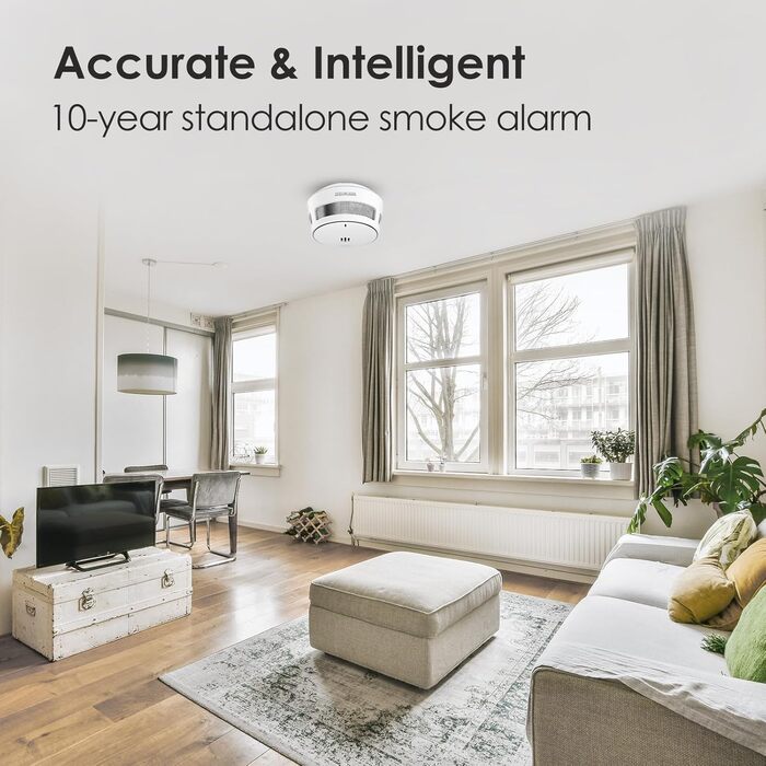 Датчики диму Rauchmelder, 10 років батареї, для дому, з дистанційним керуванням вимкнення та великою кнопкою тестування, EN14604 (5 шт.)