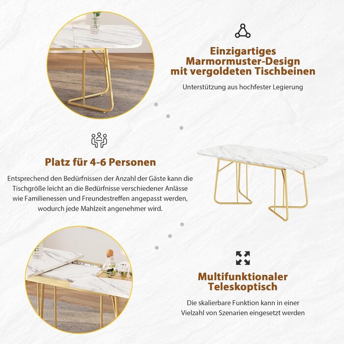 Розсувний обідній стіл Merax, овальний з імітацією мармуру, 140/180 x 80 см, на 4-6 осіб, мармур+золото