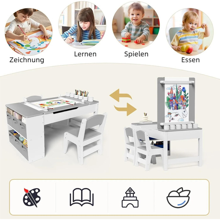 Дитячий стіл зі стільцями, дерев'яний набір, дитяча група сидінь з місцем для зберігання, стіл для малювання з рулоном паперу, стіл для малювання та рукоділля для дітей від 3 років (Сірий)