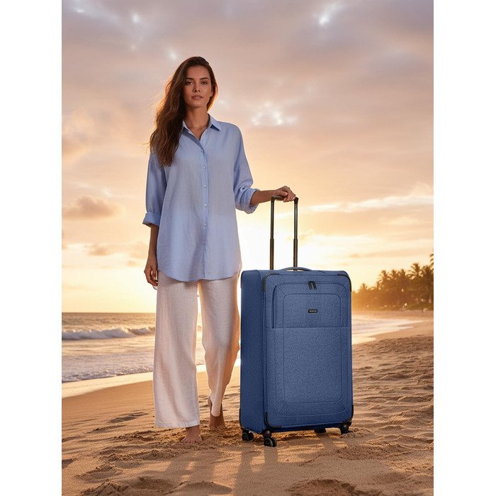 Набір валіз REDOLZ 3 шт. для жінок та чоловіків | Легкі та міцні валізи-ролики, якісний софт-кейс, 4 подвійні колеса, TSA-замок, розширювані | Blue, L (79 см)