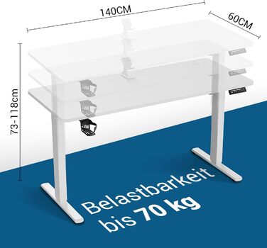 Регульований стіл 140 x 60 см з USB-C зарядкою, електричний, з функцією пам'яті, для офісу, стоячий/сидячий, білий Pro, 140x60 см