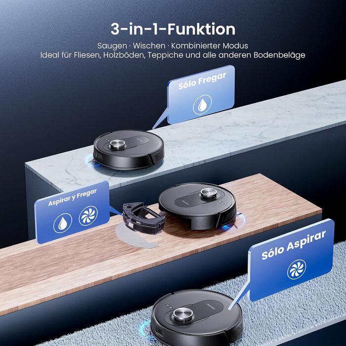 Робот-пилосос Proscenic Q8 Max+ з функцією миття, 8000Pa, 200хв, док-станція для самоочищення, 3л, лазерна навігація, керування через додаток, сумісність з Alexa, Google, Siri, чорний