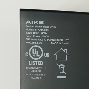 Електричний сушар для рук AIKE AK2630S: швидке сушіння (10 сек), енергозбереження, автоматичний, для кухні, ванної, туалету, 220V, 1400W, чорний