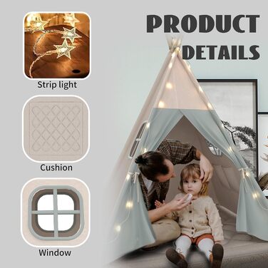 Дитяче намет Tipi, миється, з підсвічуванням, подушкою та сумкою для перенесення. Ідеальний для дівчаток та хлопчиків
