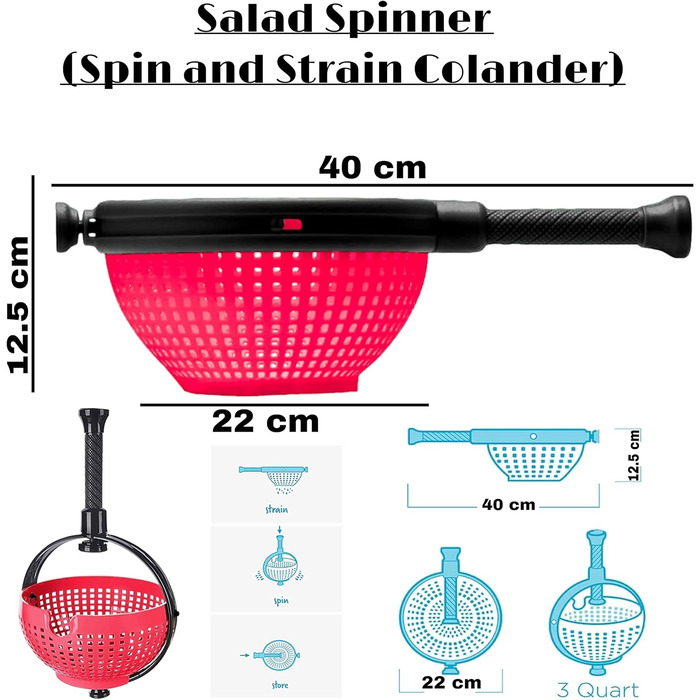 Простий у використанні шейкер для салату Стійкий до подряпин сито-сушарка з великою місткістю Spina Складна ручка Home 360 обертається кошик для прибирання кухні Пральна машина Очищувач для фруктів та овочів (червоний)