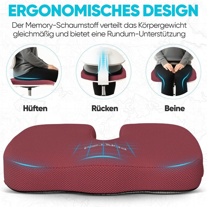 FORTEM Подушка для сидіння на офісне крісло, комп'ютерне крісло, автомобільне крісло. З Memory Foam, нековзна, велика (червона сітчаста тканина, extra large)