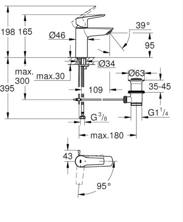 Змішувач для ванної кімнати Grohe Start, економічний, з холодною водою в середньому положенні, з поп-ап зливом, 19 см, хром, 3in1 інструмент, 23746002