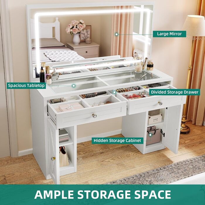 Туалетний столик YITAHOME з LED-дзеркалом, регульоване 3-кольорове освітлення, скляна стільниця, вбудована розетка, для спальні, 115 x 40 x 134 см, білий