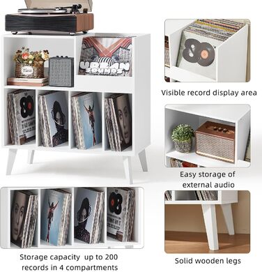 Стійка для платівок велика з полицями для зберігання, підставка для програвачів, вінілових платівок, місце для демонстрації, на 300 альбомів, для музичної кімнати та вітальні (біла)