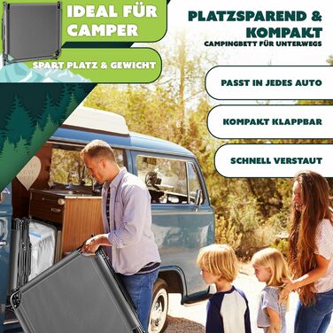 Розкладне кемпінгове ліжко KESSER з преміум-матрацом та подушкою, 190x68x30 см, витримує до 250 кг, з кишенею та підстаканником, антрацит