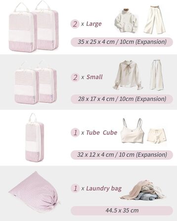 Набір органайзерів для валізи та рюкзака Narwey, 6 шт, компресійні пакувальні куби для подорожей (Рожеві смужки)