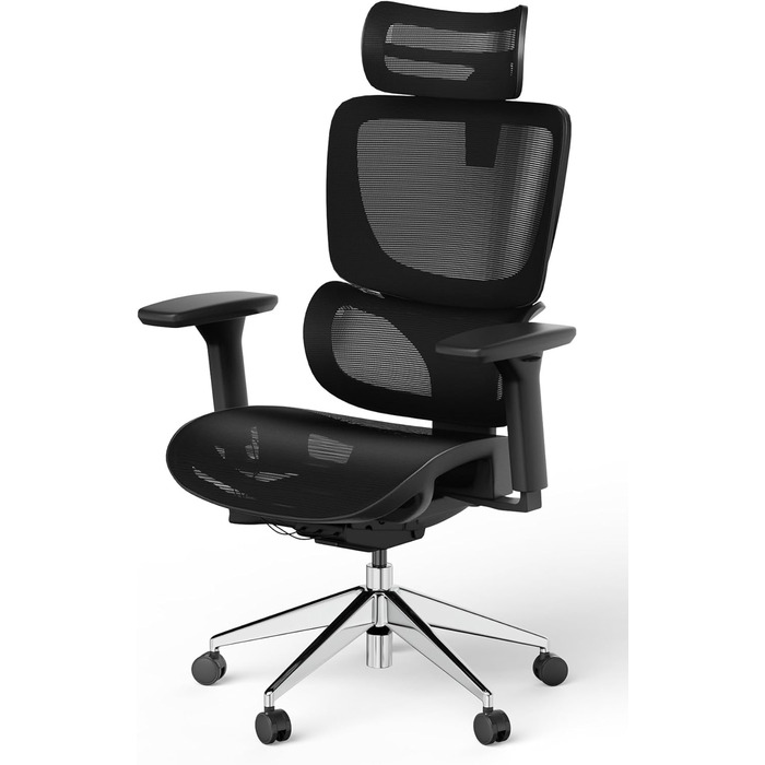 Ергономічне крісло для офісу та геймінгу Ergolutions Senta FX Mesh - чорний + алюміній, регульована 3D-підголовник, сітчаста тканина, для великих людей, 7 років гарантії, сертифікат BIFMA