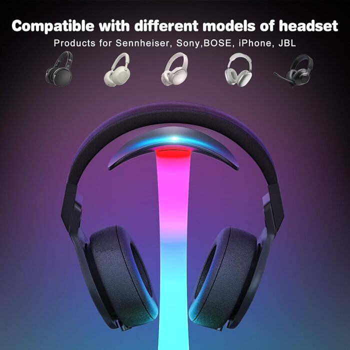 Підставка для навушників Jubor 3 в 1 RGB з бездротовим зарядним пристроєм 15W та 9 режимами підсвічування