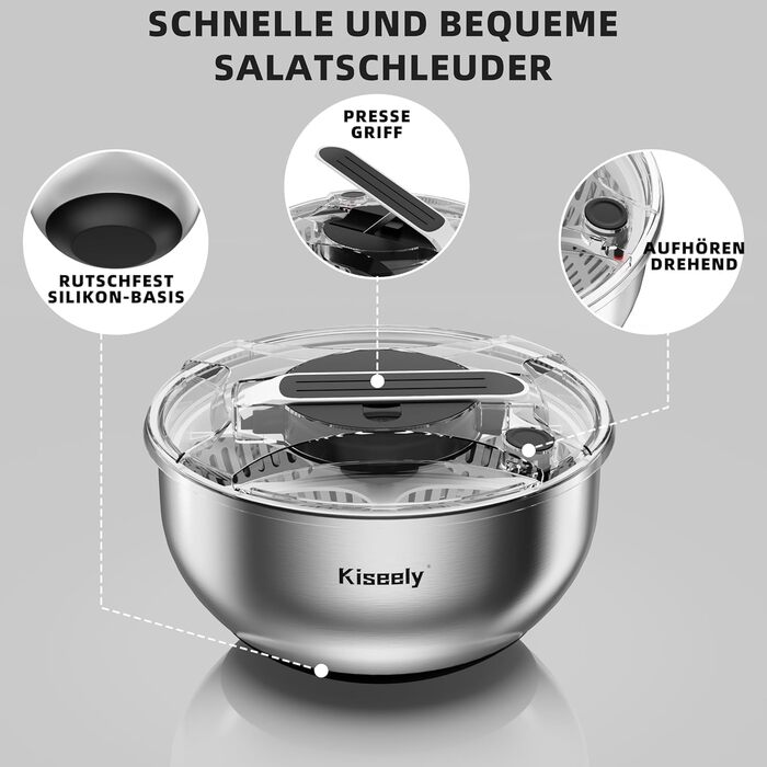 Салатниця-швидкосушарка з нержавіючої сталі 4.2L з мискою та кришкою, для салатів, овочів, зелені, ягід