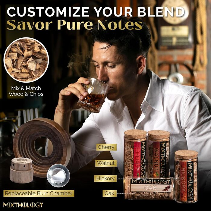 Набір для копчення віскі та бурбона - Old Fashioned & коктейльний димогенератор з пальником Deluxe