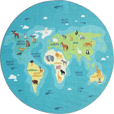 Килим для дитячої кімнати щасливе життя, Дитячий килим, килимок для ігор, що миється, карта світу, Земля, тварини, круглий, Синій, 200 х 200 см