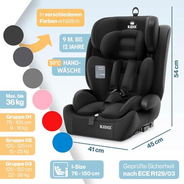 Автокрісло KIDIZ® 1+2+3 для дітей 9-36 кг з 5-точковим ременем безпеки, регульованою підголовником (чорне), Isofix