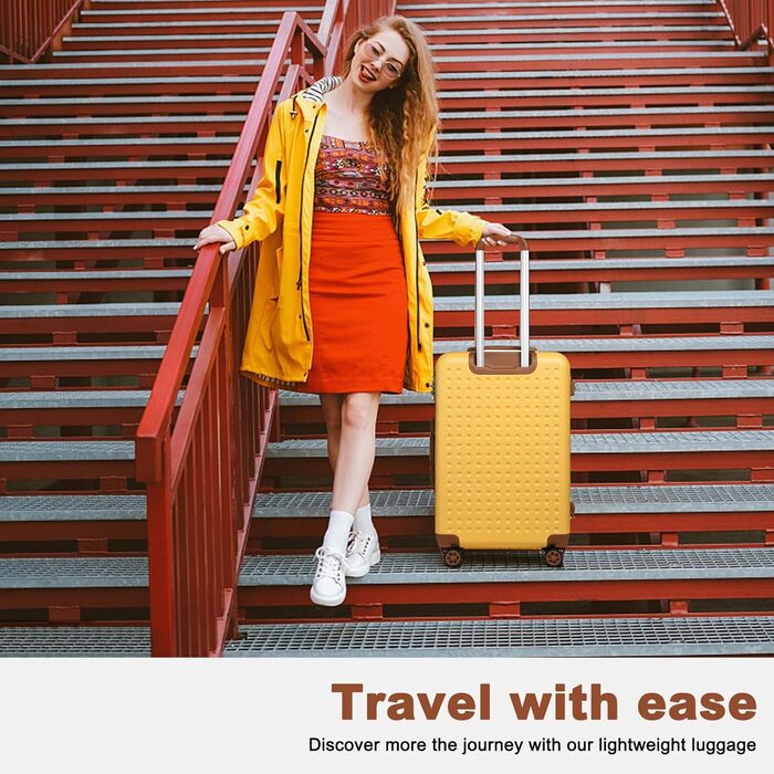 Набір валіз KONO: 4 валізи з ABS пластику, коліщата Spinner, TSA-замок, жовтий колір