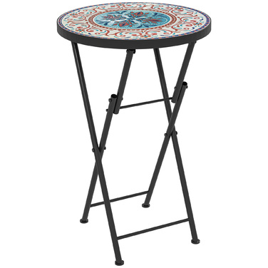 Outsunny Side Table Складаний садовий стіл з мозаїчним дизайном, Ø35.5 x 55 см Круглий атмосферостійкий металевий балконний стіл, Кемпінговий стіл Розкладний стіл Журнальний столик для вітальні, офіс, Відкритий Внутрішній, Багатокольоровий