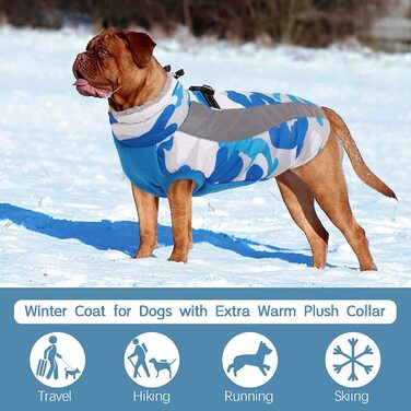 Зимова куртка для собак Kuoser, Водонепроникна вітрозахисна тепла куртка для собак в холодну погоду, флісовий жилет з камуфляжем для домашніх тварин на блискавці, світловідбиваючий одяг для собак для маленьких середніх і великих собак з шлейкою l синього 