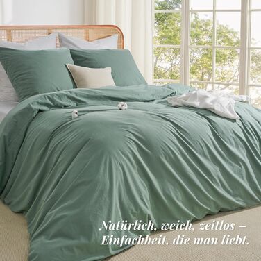 Бетлінова постільна ковдра 200x220 з бавовни, бежевого кольору, супер м'яка, 100% бавовна, попередньо випрана, з льоноподібною текстурою, сертифікат ÖKO-TEX, комплект постільної білизни 200x220 + 2 наволочки 80x80 з блискавкою (200x220 см (3-piece), салатовий колір)