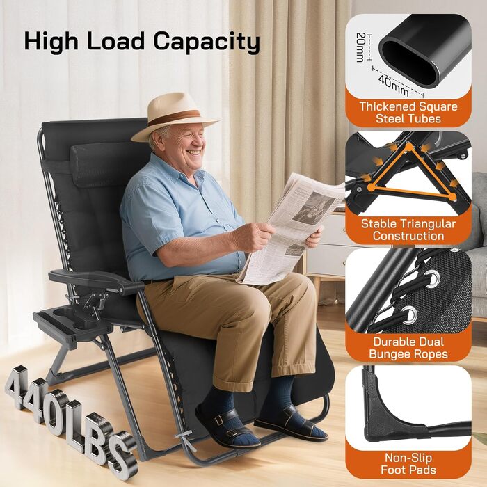 Шезлонг для відпочинку, розкладний, широке сидіння 72 см, для саду, патіо, пляжу, басейну, з подушкою, витримує до 200 кг