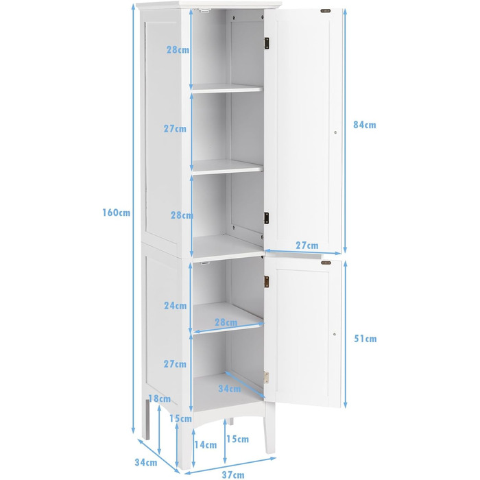 Тумба для ванної кімнати Giantex, 5 рівнів, 2 двері, 5 відділень, 38x38x160 см, біла