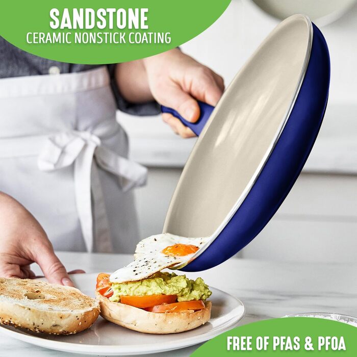 Набір посуду з антипригарним покриттям GreenLife Sandstone, 15 предметів, без вмісту PFAS, можна мити в посудомийній машині, сірий (синій)