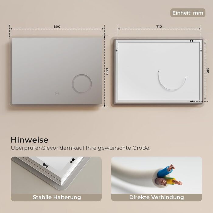 Дзеркало для ванної кімнати S'AFIELINA з підсвічуванням 60x120 см, 3-разове збільшення, сенсорне керування, IP44, енергозбереження