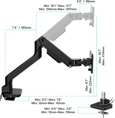 Кріплення для монітора ARES WING з USB A/C, кріплення для монітора, 17-49 дюймів, вантажопідйомність 20 кг, газ-амортизатор, VESA 75/100 мм, чорний
