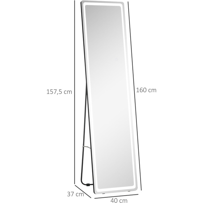 Світлодіодне дзеркало HOMCOM 2в1, окремо стояче, сріблястечорне, 40x37x157.5 см