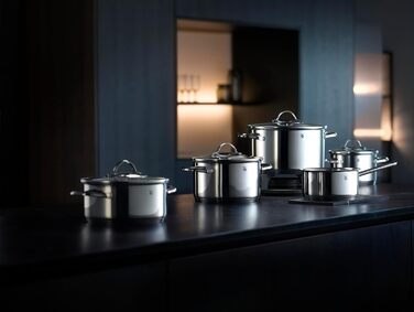 Набір каструль WMF Aparto з нержавіючої сталі Cromargan, 5 предметів, з кришками з термостійкого скла, для індукційних плит, без антипригарного покриття, придатний для миття в посудомийній машині