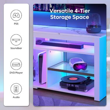 Тумба під телевізор Bestier 70 дюймів з підсвіткою LED, для PS5, біла мармурова - 160x33.8x66.8 см