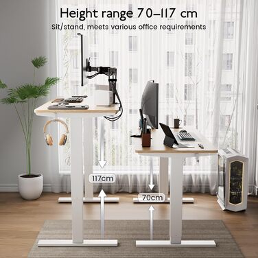 Регульований стіл 80x160 см, електричний з функціями пам'яті та захисту від зіткнень, висота 70–117 см, для офісу, дому та геймінгу (колір натурального дерева)