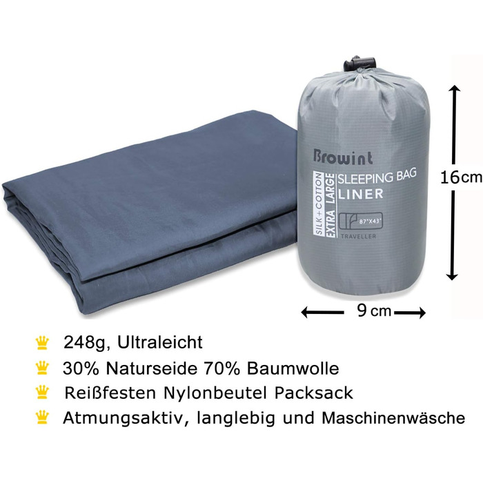 Шовковий / бавовняний спальний мішок BROWINT, дорожній спальний мішок на подвійній блискавці з відділенням для подушок, дуже широкий спальний мішок для котеджів розміром 220 на 110 см для гуртожитків, легкий, компактний і дихаючий (темно-сірий)
