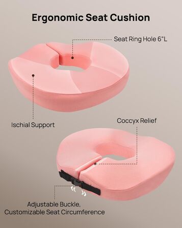 Ортопедична подушка-кільце Feagar для сидіння, ергономічна подушка-пончик від геморою, ішіасу та для післяпологового відновлення, регульована (Рожева, стандарт 60-100 кг)