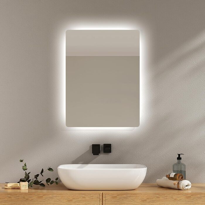 Дзеркало для ванної кімнати EMKE з підсвічуванням 40x60 см, антизапар, 2 кольори світла (тепле/холодне), вимикач-маятник, IP44, енергозберігаюче, захищене від вибуху (60 см x 45 см)