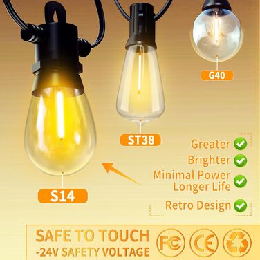 LED гірлянда для зовнішнього використання 30м з пультом, S14, 100FT, IP65, 30+2 лампочки, тепле світло 2700K, для саду, тераси, балкону, двору