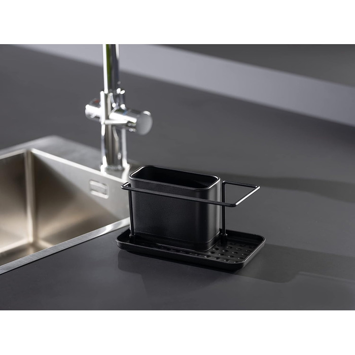 Органайзер для миття посуду WENKO 55078100 Orio, кошик для миття посуду зі знімним піддоном з нержавіючої сталі, міцний пластиковий піддон з дном, розміри (Ш x В X Г) 21 х 10,5 х 12 см, чорний