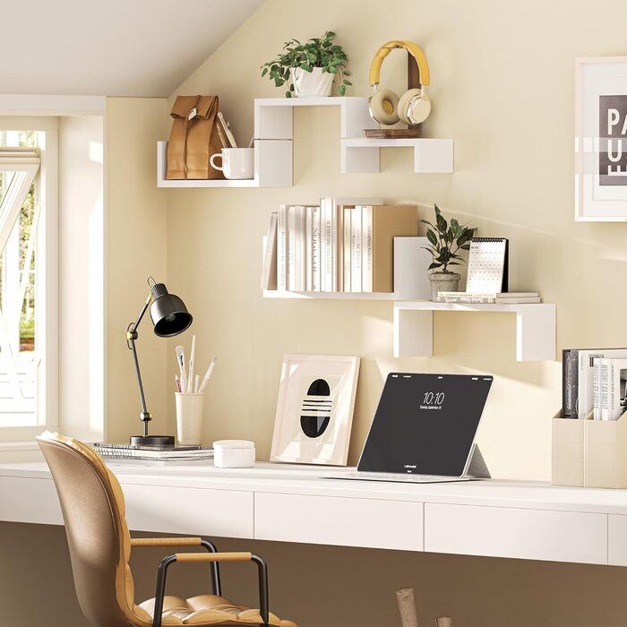 Полиця настінна SRIWATANA біла 5 шт., дерев'яна, плаваючі полиці до 40 кг, сучасна настінна дошка для декору, DIY монтаж для вітальні, ванної, спальні, офісу, кухні (білий)