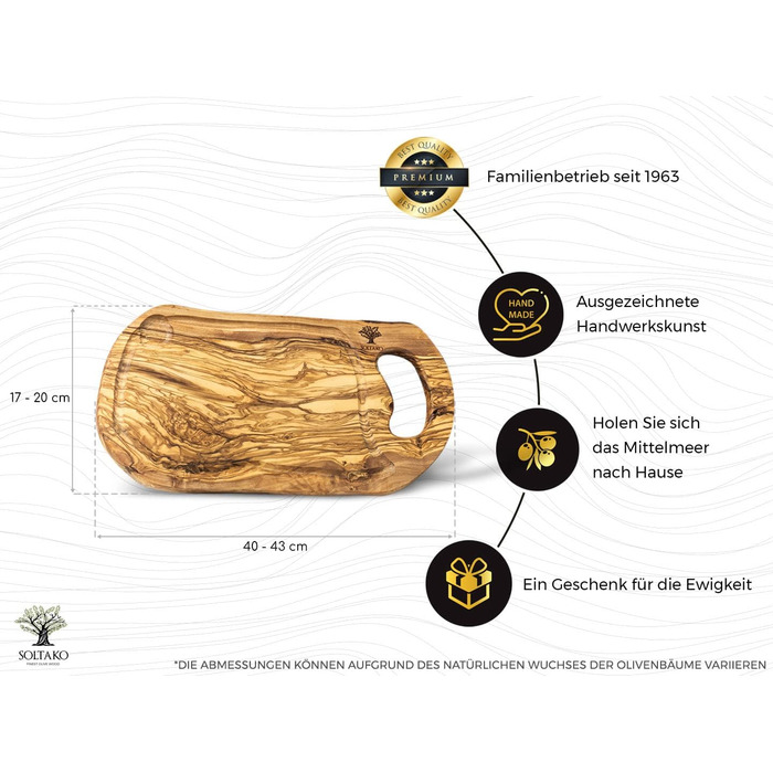 Обробна дошка з оливкового дерева SOLTAKO, дерев'яна дошка, сервірувальна дошка, дошка для сніданку, дошка для стейків, дошка з ручкою і жолобком для соку, натуральна